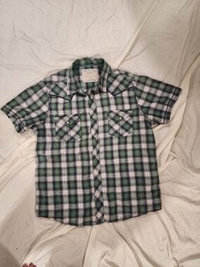 Canyon River Blues Green and White Plaid Short-Sleeve Pearl Snap Shirt